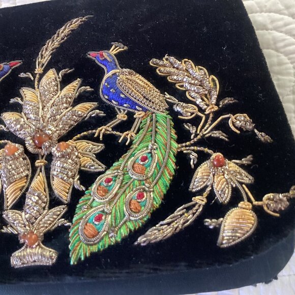 Vintage Zardozi Black Velvet Bag Clutch Gold Embroidery Double Peacock Design In - Picture 12 of 16